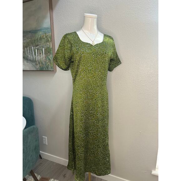 Green Boho Midi Dress Short Sleeve Fit & Flare Sundress Retro Print - Size S/M - Picture 2 of 8